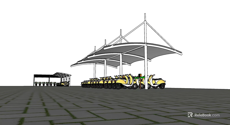 Modern Outdoor Shade Canopy With Steel Frame Covering Yellow Vehicles 3d model 