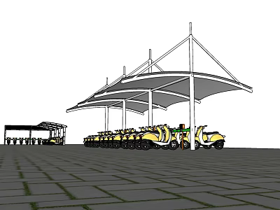 Modern Outdoor Shade Canopy With Steel Frame Covering Yellow Vehicles 3d model
