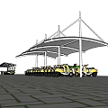 Modern Outdoor Shade Canopy With Steel Frame Covering Yellow Vehicles