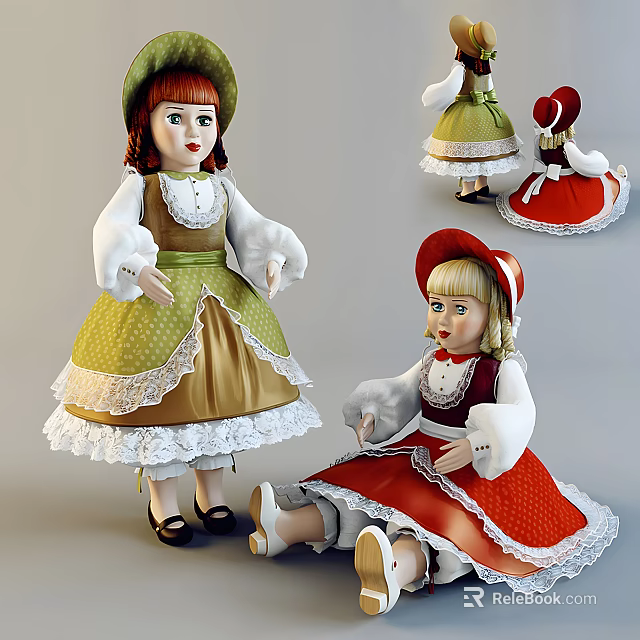Dolls Wearing Traditional Dresses With Lace And Hats In Different Poses 3d model 