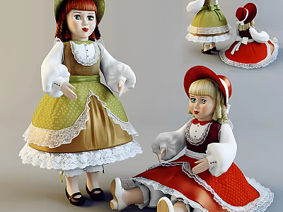 Dolls Wearing Traditional Dresses With Lace And Hats In Different Poses 3d model