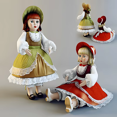 Dolls Wearing Traditional Dresses With Lace And Hats In Different Poses 3d model
