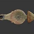 Ancient Carved Oil Lamp In Red Brown With Blue Accents And Decorative Handle