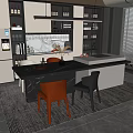 Modern Restaurant Kitchen Interior With Marble Island Counter Cabinets And Chairs