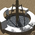 Outdoor White Circular Bench And Small Stools Set With Wooden Floor And Stone Gravel