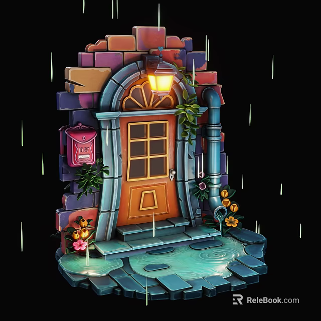 Futuristic Sci Fi Scene With Arched Door Red Mailbox Glowing Lantern And Rainy Puddle 3d model 
