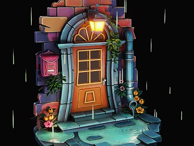 Futuristic Sci Fi Scene With Arched Door Red Mailbox Glowing Lantern And Rainy Puddle 3d model