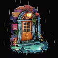 Futuristic Sci Fi Scene With Arched Door Red Mailbox Glowing Lantern And Rainy Puddle