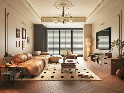 Elegant Modern Living Room Interior With Brown Leather Sofa Chandelier Blinds Rug And Wooden Floor 3d model