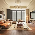 Elegant Modern Living Room Interior With Brown Leather Sofa Chandelier Blinds Rug And Wooden Floor