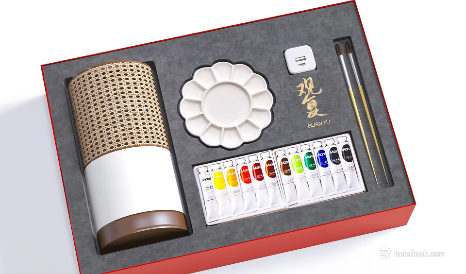 Artistic Ornament Decor Set With Woven Texture Container Petal Shaped Palette Colorful Paints And Paintbrushes 3d model 