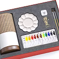 Artistic Ornament Decor Set With Woven Texture Container Petal Shaped Palette Colorful Paints And Paintbrushes