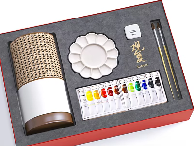 Artistic Ornament Decor Set With Woven Texture Container Petal Shaped Palette Colorful Paints And Paintbrushes 3d model