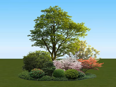 Various Shrubs with Green Pink Red Foliage Surrounding Big Tree on Grassland Under Blue Sky 3d model