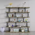 Modern Multi Tiered Bookcase With Metal Frames Wooden Shelves Books And Decorative Figurines