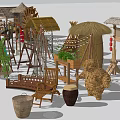 Traditional Rural Agricultural Equipment with Windmill Bamboo Structures Farming Tools Thatched Huts and Storage