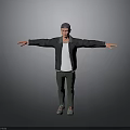 Man Wearing Cap Black Jacket White T Shirt Dark Pants Colorful Shoes With Arms Outstretched