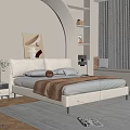 Cozy Bedroom Interior With White Bed Arched Lighting Decorative Painting And Wooden Shelves