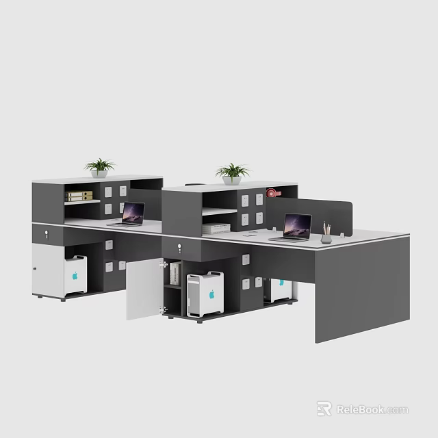 Modern Office Cubicle Desk Setup With Laptop Green Plants And Storage Cabinets 3d model 