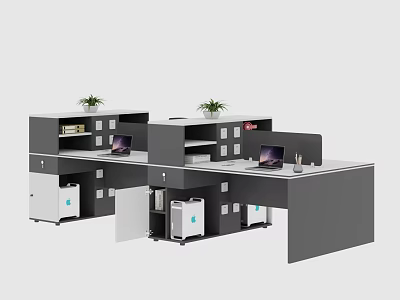 Modern Office Cubicle Desk Setup With Laptop Green Plants And Storage Cabinets 3d model
