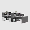 Modern Office Cubicle Desk Setup With Laptop Green Plants And Storage Cabinets