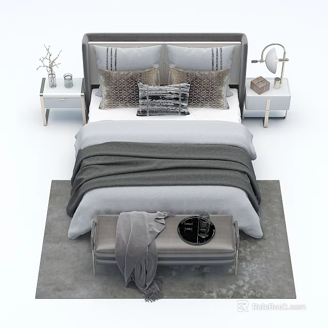 Modern Double Bed with Gray Bedding Decorative Pillows Bedside Tables and Bench 3d model