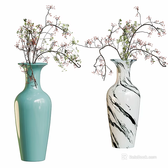 Two Decorative Vases Light Blue and White Black Spiral with Flowering Branches 3d model 