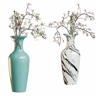 Two Decorative Vases Light Blue and White Black Spiral with Flowering Branches 3d model