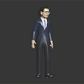 3D Male Character in Blue Suit With Blue Tie and Glasses Standing on Dark Background