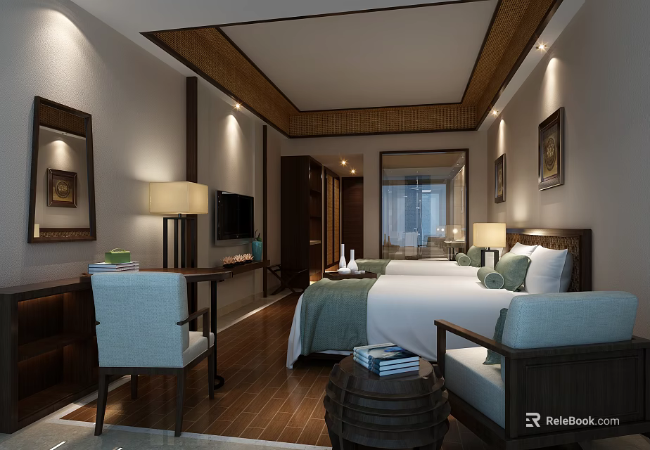 Traditional Chinese Hotel Guest Room With Wooden Furniture Green Bedding And Decorative Paintings 3d model 