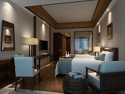 Traditional Chinese Hotel Guest Room With Wooden Furniture Green Bedding And Decorative Paintings 3d model