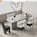 Modern Dining Table Set With Grey Tabletop Marble Legs And Black Chairs With White Cushions
