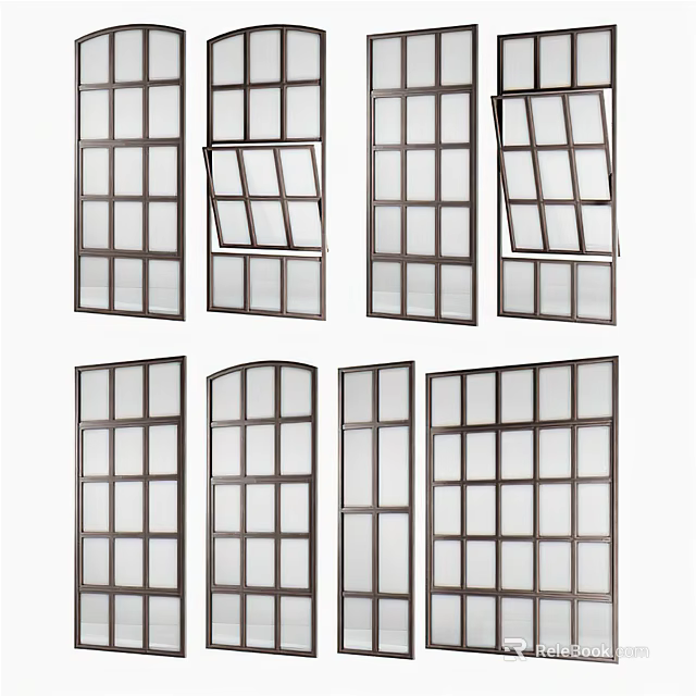 Various Casement Windows With Grid Patterns Black Frames And Open Close Styles 3d model