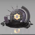 Futuristic Sci Fi Mechanical Device With Glowing Orange Core Spiral Metallic Structure And Stone Base 3d model