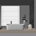 Minimalist Bathroom Interior With White Bathtub Window Blinds Rock Wall And Wooden Platform