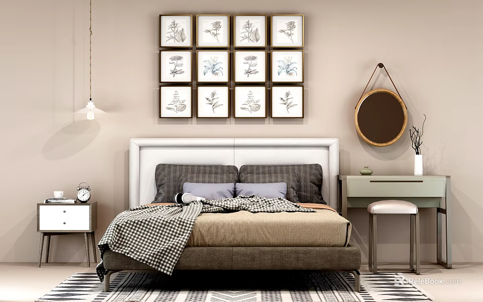 Cozy Double Bed With White Headboard Gray Pillows Plaid Blanket And Plant Wall Art 3d model 