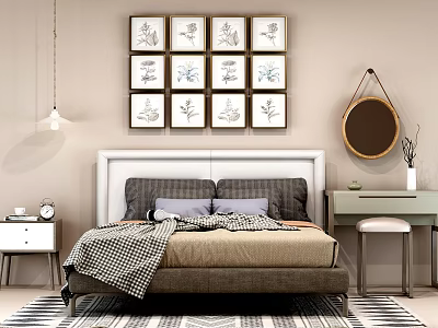 Cozy Double Bed With White Headboard Gray Pillows Plaid Blanket And Plant Wall Art 3d model