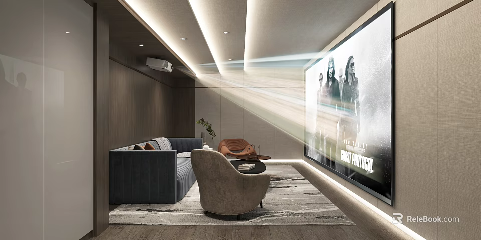 Modern Home Theater Interior With Large Projection Screen Comfortable Sofa Armchair And Area Rug 3d model 