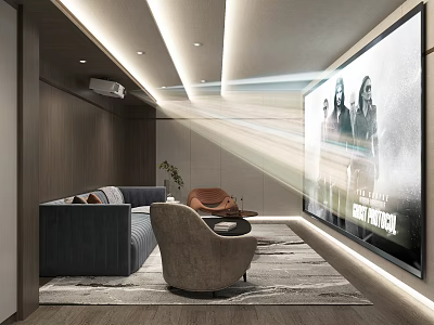 Modern Home Theater Interior With Large Projection Screen Comfortable Sofa Armchair And Area Rug 3d model