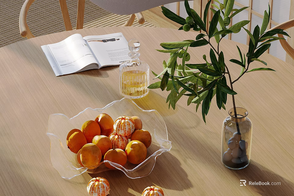 Fresh Oranges in Transparent Glass Bowl on Wooden Table with Open Book and Green Leaves Plant 3d model 