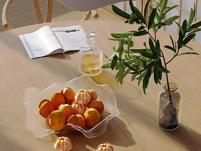 Fresh Oranges in Transparent Glass Bowl on Wooden Table with Open Book and Green Leaves Plant 3d model