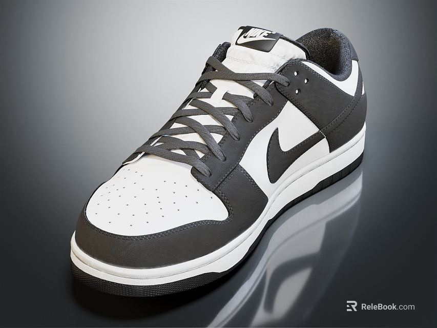Black White Gray Leather Sneakers With Lace Up Design And Swoosh Logo Rubber Sole 3d model 
