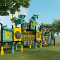 Blue And Yellow Playground Equipment With Slide And Windmills On Green Lawn Surrounded By Trees
