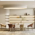 Modern Restaurant Interior With Round Dining Table Leather Chairs Round Ceiling Light And Decorative Shelves