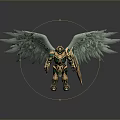 Mythical Armored Warrior With Large Green Wings And Gold Armor Holding Sword And Shield