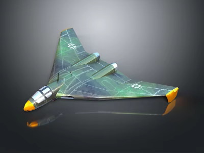 Concept Military Aircraft With Green Camouflage Triangular Wings Transparent Cockpit Yellow Nose And Cross Insignia 3d model