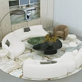 Modern Beige Curved Sofa and Glass Coffee Table Set With Decorative Vase and Floor Lamp