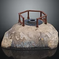 Garden Ornament With Stone Base Hexagonal Wooden Fence And Circular Well Opening