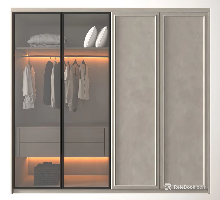Modern Wardrobe with Glass Doors Hanging Clothes Pillows Drawers and Interior Lighting 3d model 