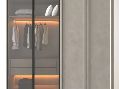 Modern Wardrobe with Glass Doors Hanging Clothes Pillows Drawers and Interior Lighting 3d model